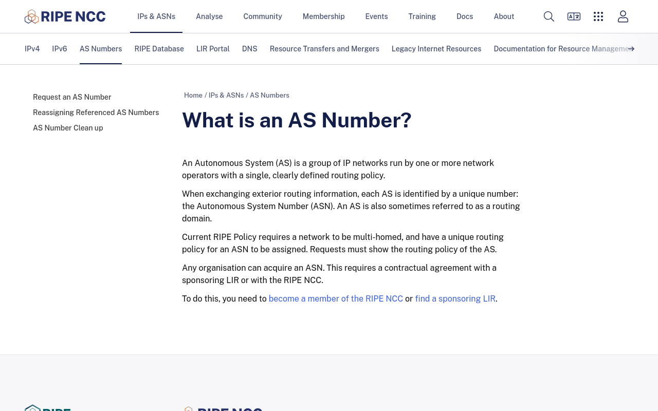 Screenshot of the RIPE NCC page What is an AS Number?